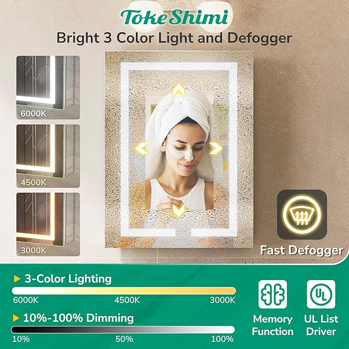 TokeShimi 36x32 Led Recessed Medicine Cabinet with Defogger, Anti-Fog Mirrored Medicine Cabinet with Light and Outlet, Frontlit 3 Colors Dimmable Mirror with Storage for Bathroom Modern