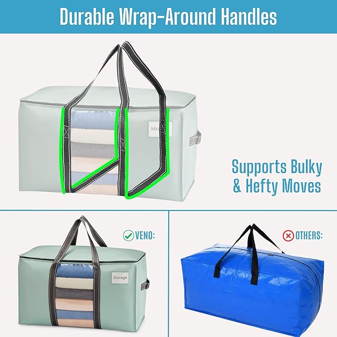 VENO 4 Pack Moving Bags with Clear Window, Heavy Duty Storage Bins with Lid, Around Handles, Tag, Zippers, Extra Large Totes Packing Moving Boxes Supplies for College Dorm Clothes (Light Green)