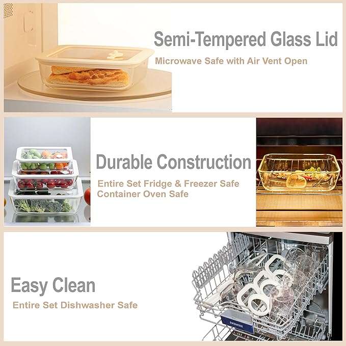 Urban Green Glass Food Container Set with Glass Lid, 3 Pack, Meal Prep Containers with Silicone Framed Airtight Lid, Leakproof, 100% Plastic Free,