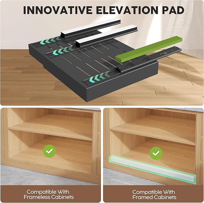 Seinloes 2 Pack Pull Out Cabinet Organizers 16.5" Deep With Raising Pad for Framed Cabinets,Expandable Slide Out Drawers Upgrade 3 Slide Rails,Roll Out Shelves,Adjustable Width 12.1"-20.45" Black