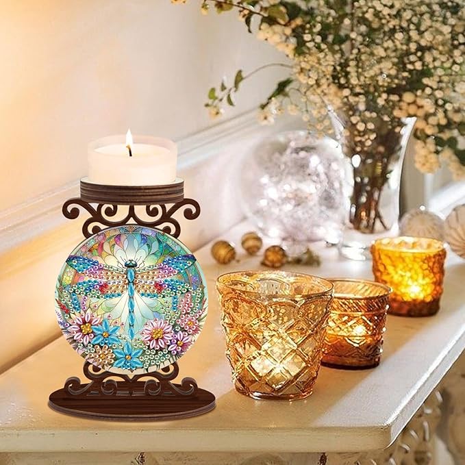 Diamond Art Painting Candlestick Holder kits, Dragonfly DIY shaped crystal Diamond art painting, woodiness Candle holder for AromaRelax & Home Decor, Christmas Halloween Ornaments (Double-Sided)