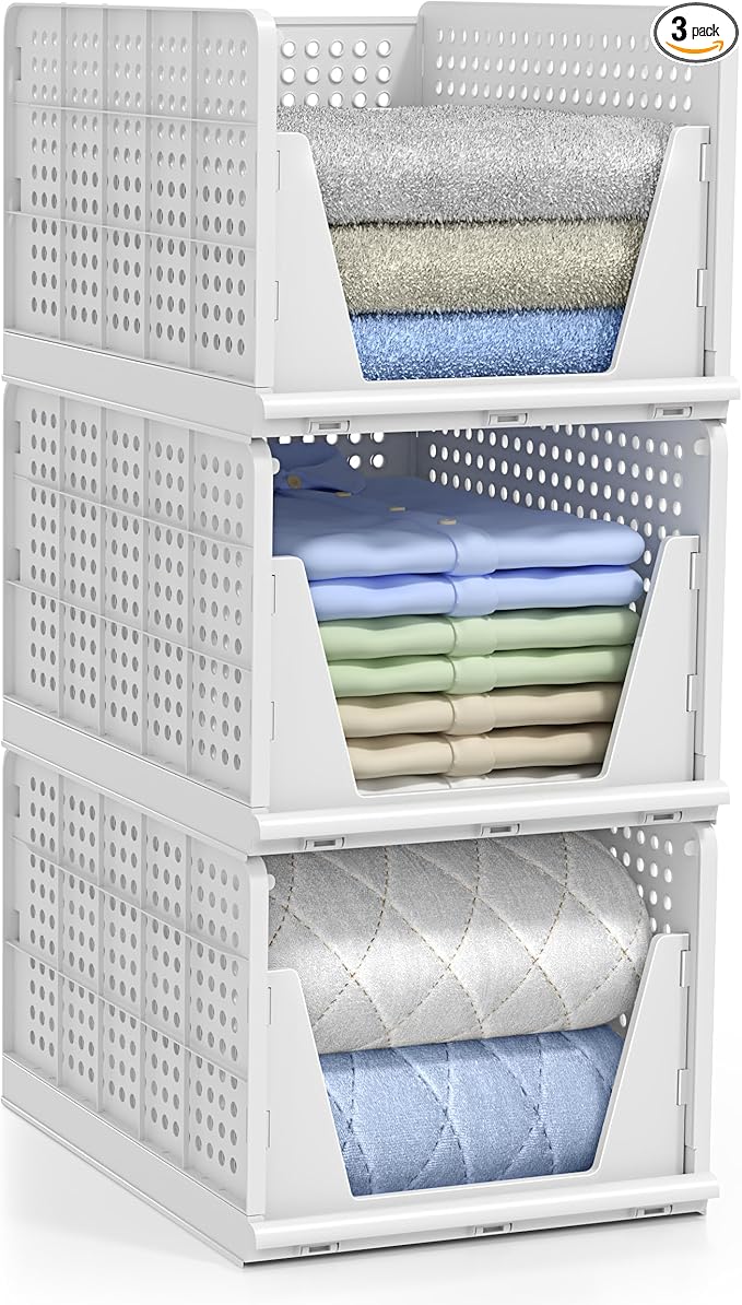 Sorbus 3 Pack Folding Closet Shelf Organizer for Clothes - Versatile Stackable Storage Baskets for Closet, Bathroom, Kitchen and Garage - Easy Access Open Front Design - Plastic Organizer Shelves