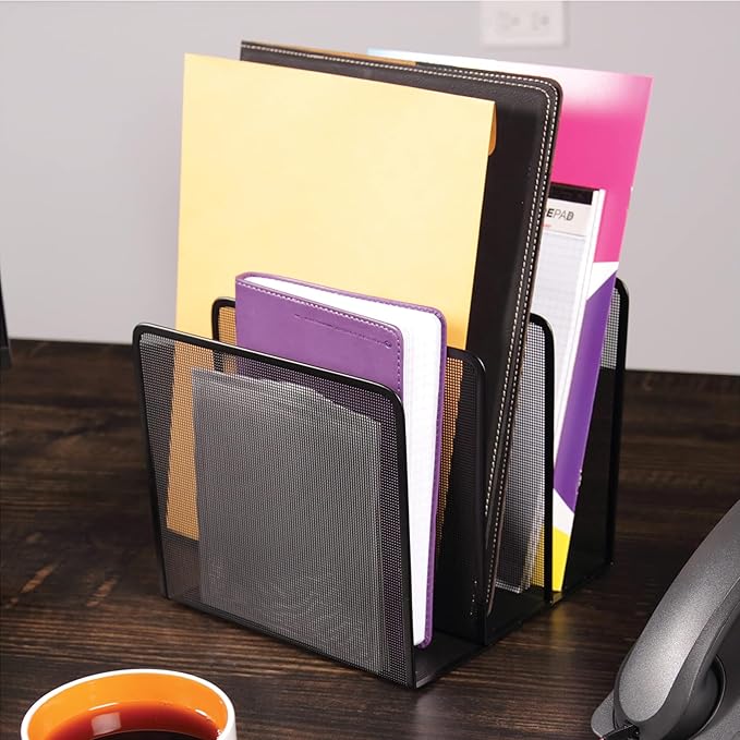 Artistic Contemporary Mesh Metal Desktop File Sorter for Neat and Organized Surfaces in Office, School, and Home, Black