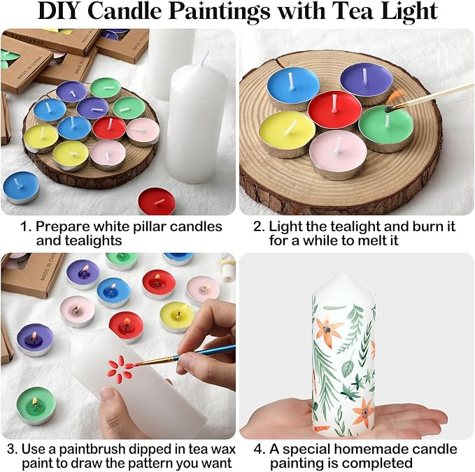 MTLEE 72 Pcs DIY Candle Painting Kit for Adults Include 6 Pcs 2"x 5" White Pillar Candles 60 Colored Tealight Candles and 6 Paint Brushes for Spring Tea Party Crafts Wedding Birthday Party Favors