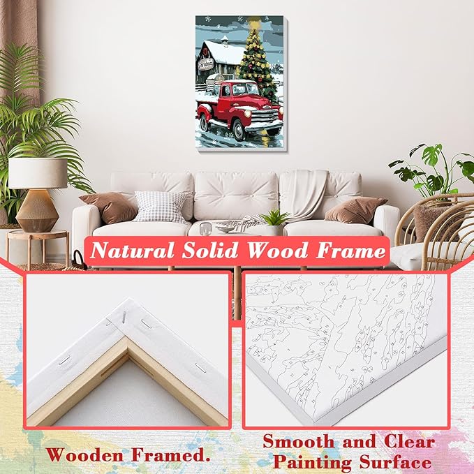 Skyboda Red Truck Paint by Numbers Kit for Adults Beginners with Frame, Christmas Tree Adult Paint by Number Kits on Canvas, Easy DIY Oil Painting Kits for Home Decor, 8x12in