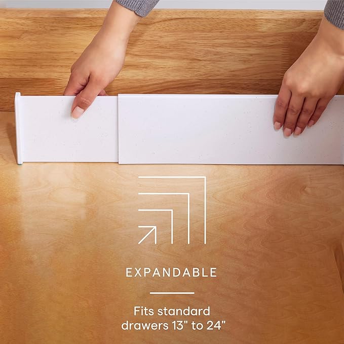 YouCopia ReStickable™ Drawer Dividers, Extra-Long, Adjustable Kitchen Organizers for Utensil and Tool Storage, Expands 13" to 24", Deep Height, 2-Pack, Speckled White
