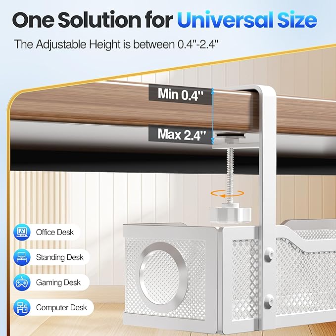 Cable Management Under Desk Tray, No Drill Cable Management Box with Clamp for Wire Organization, Cord Organizer for Office, Home - No Damage to Desk (White)