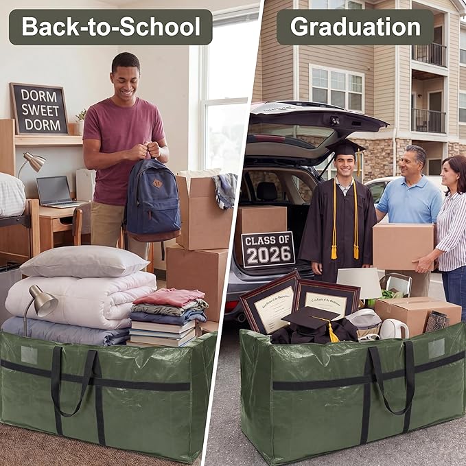 4 Pcs 96 Gallon Extra Large Moving Bags Heavy Duty Storage Bag with Strong Zipper Handle Foldable XXL Jumbo Storage Tote Packing Moving Box for College Dorm Travel Cloth Duffle (Green)