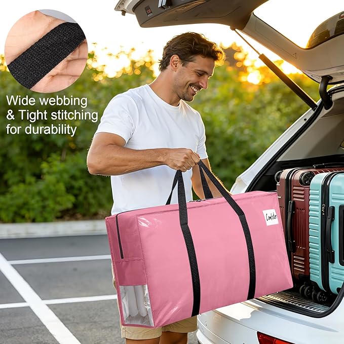 6PcsExtra Large Heavy Duty Moving Bags with Reinforced Zippers & Handles, 67L Waterproof Storage Tote Bag Bins Alternative to Box Moving Supplies Space Saving for Travel College Dorm Essentials Pink