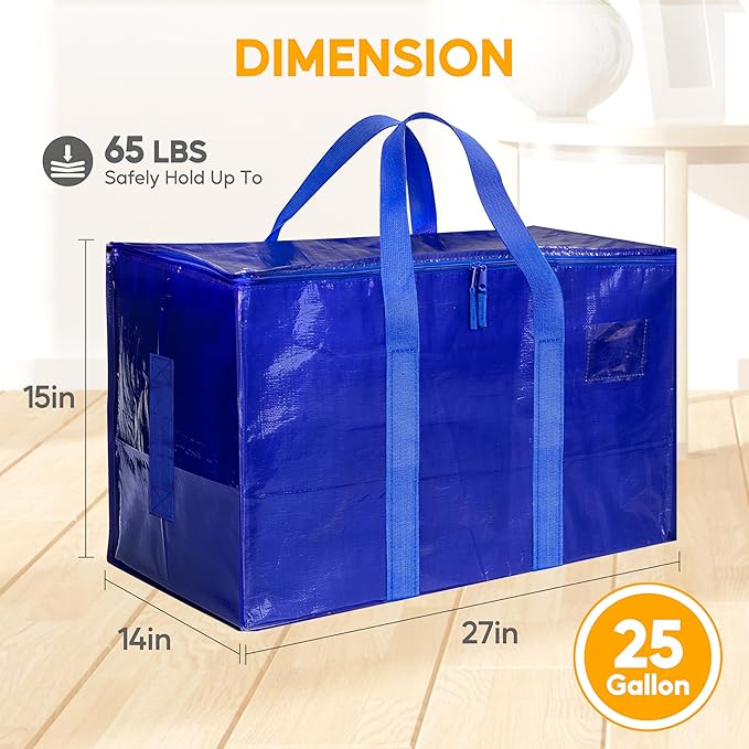HealSmart 8 Pack Large Moving Bags with Zippers & Handles, Moving Supplies with lids, Heavy Duty Totes for Space Saving, Fold Flat, Moving and Storing, Blue