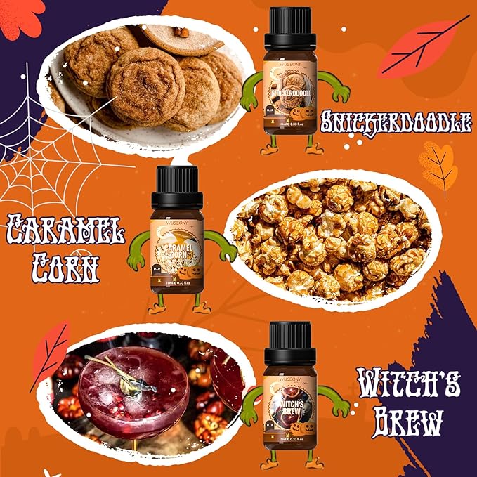 WUSEONY Halloween Fragrance Oils Set, Essential Oils for Diffusers Home, Scented Oils for Candle Soap Making - Pumpkin Pie, Caramel Apple, Chocolate Bars, Snickerdoodle, Caramel Corn, Witch's Brew