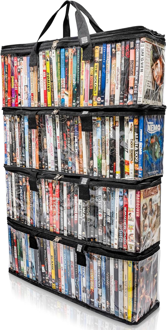 Made Easy Kit Clear View Media Storage Bag for DVDs, VHS & Video Game Cases- Protect Your Collection & Preserve The Quality of Your Cases - Stackable, Space-Saving, Fits 40 (Black DVD, 4-Pack)