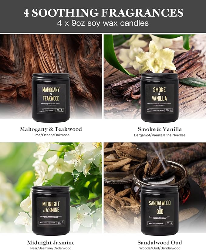 Crackling Wood Wick Candles for Men: 4 Pack 36oz Soy Scented Candles for Home Scented, Up to 200H Burning, Masculine Mens Candle Set, Aromatherapy Candle Gift Set for Fathers Birthday Valentine's Day