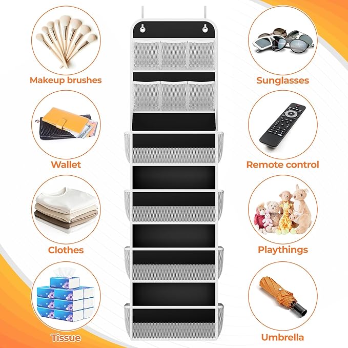 SpaceHacks 6-Tier Over the Door Organizer with Mesh Pockets, Baby Nursery Storage for Closet, Bathroom and Bedroom, Adjustable Hanging Closet Organizer for Cosmetics, Books and Essentials（Black）