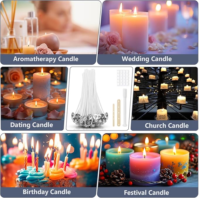 150 Pcs Candle Wicks for Candle Making, 100 Pcs Candle Wick Stickers, 6 Pcs Wooden Candle Wick Centering Device, Pre Waxed Cotton Wick with Metal Sustainer Tabs for Candle Making, 4in, 6in, 8in