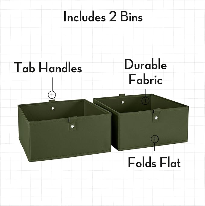 RiverRidge Kids 2pc Folding Storage Bins Set - 10.5” Bin Organizer with Handles - Olive Closet Organizer and Storage for Toys, Games, Shoes - Foldable Cube Storage Organizer Bins for Playroom, Nursery