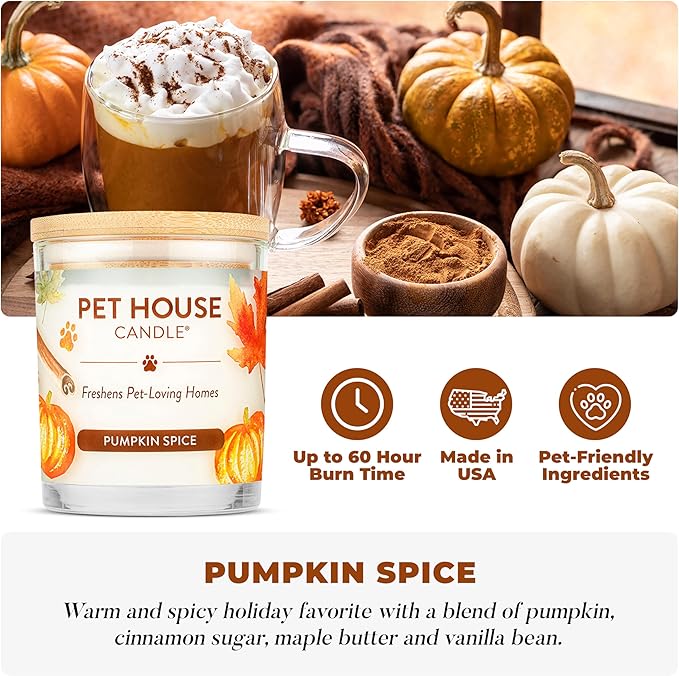 One Fur All Pet House Fall Candles, Long Lasting, Clean Burning, Soy Wax Scented Candles for Pet Odor, Pumpkin Spice, 2 Pack