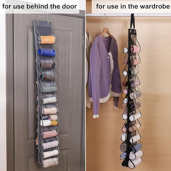 Legging Organizer for Closet Hanging 20 Pockets, Clear Hanging Legging Organizer Closet, Oxford Cloth Legging Storage for Wardrobe Behind Door(2Pack*Light Gray)