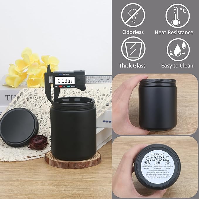 MILIVIXAY 12 Pack 8 OZ Thick Glass Matte Black Candle Jars with All Black Metal Lids-Bulk Empty Candle Jars for Making Candles-Canning Jar for Spice, Liquid, Sample- Dishwasher Safe.