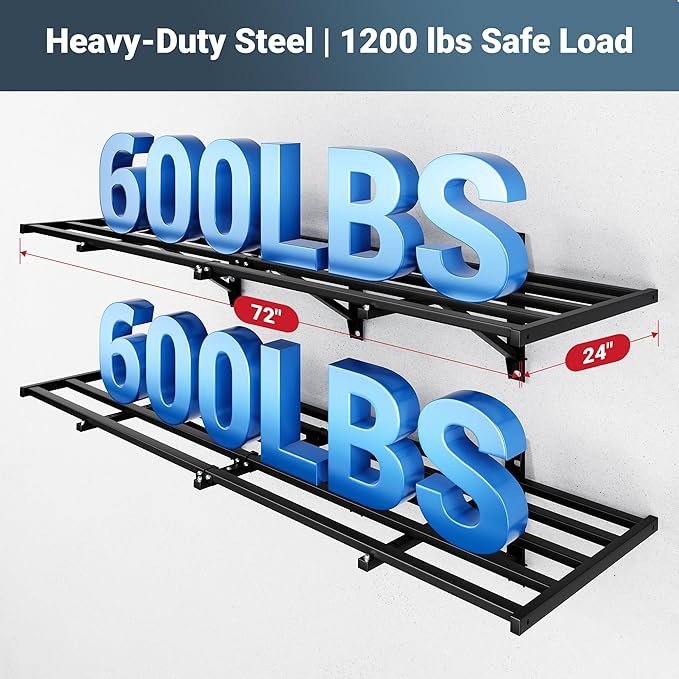FLEXIMOUNTS 2-Pack 2x6ft Heavy Duty Garage Wall Shelving, 1200lbs Capacity, Garage Shelving Wall Mounted with 8 Hooks, Storage for Power Tools, Garden Supplies, Storage Bins, Lite Series