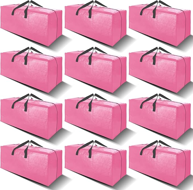 VELVETSURE 12 Pack Heavy Duty Large Moving Bags W/Backpack Straps - Strong Handles & Zippers, Storage Totes For Space Saving, Fold Flat, Alternative to Moving Box and Storage Bin, Pink