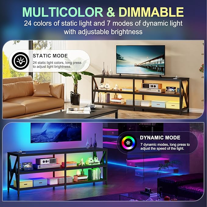 Lvifur 83“ LED TV Stand for 85 75 65 inch TV, Auto Sensor Entertainment Center with RGB Dimmable Lights, TV Console Table with Open Storage Shelves and Metal Frame (Black)