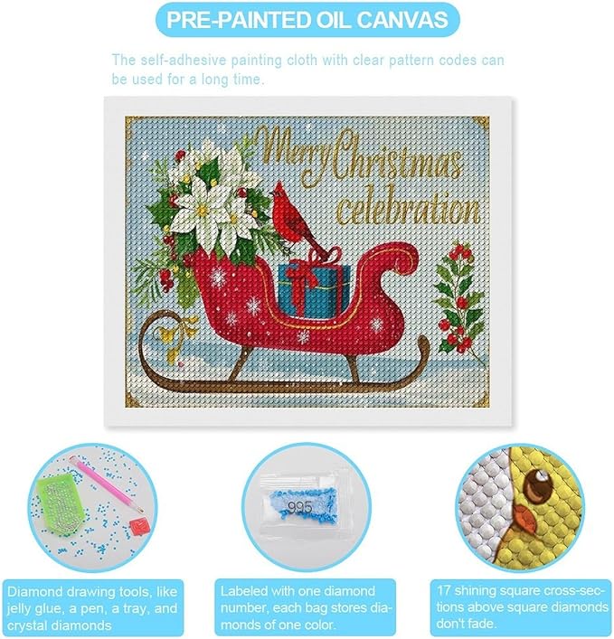 Diamond Painting Kits for Adults - Red Sleigh with Poinsettias, Cardinal Bird Merry Christmas Painting DIY 5D Full Drill Diamond Dots Paintings with Diamonds Gem Art And Crafts Home Decor 16"x20"