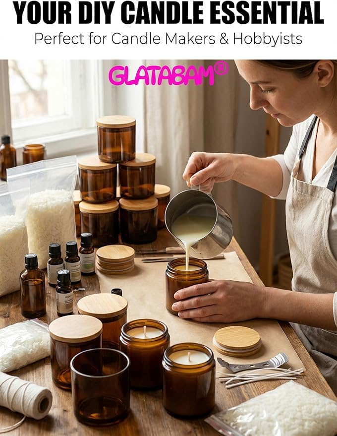 GLATABAM 4 OZ Candle Jars 12 Pack - Bulk Glass Candle Making Jars with Bamboo Lids & Labels, Heat Resistant Empty Reusable Candle Vessel for Containers(Amber)