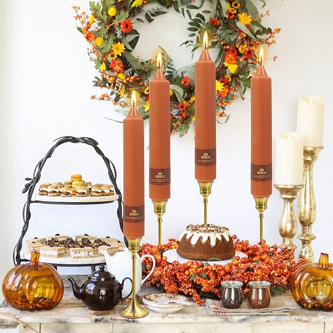 4 Pack Handmade Pumpkin Taper Candles Sticks Unscented 9 inch Tapered Candle Ideal as Dinner Smokeless Long Burning Candlesticks for Halloween Thanksgiving Dinner Autumn Wedding Home Decor Candles