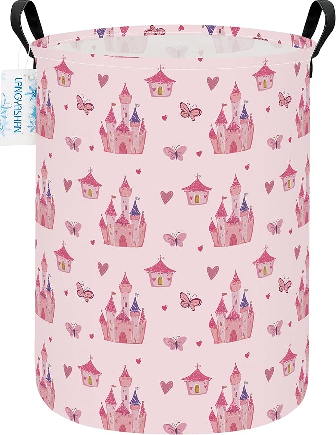LANGYASHAN Girl Laundry Basket Canvas Fabric Collapsible Organizer Basket for Storage Bin Toy Bins Gift Baskets Bedroom Clothes Children Nursery Hamper (Pink Castle)