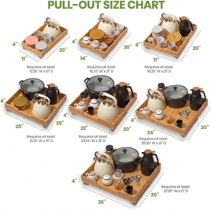 HOLDN’ STORAGE Bamboo Wooden Pull out Cabinet Organizer 26"W x 21"D Requires At Least a 27.25"W x 21"D Cabinet Opening W/Lifetime Limited Warranty, Bamboo Tray and Heavy Gauge Metal Rails