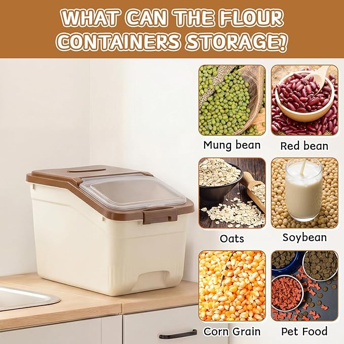 Blushtier 4 Pack Large Rice Storage Containers 30 Lbs Airtight Flour Container with Seal Locking Lid and Measuring Cup Kitchen Dry Food Storage Bins for Cereal Sugar Beans(Khaki)