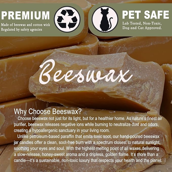 Organic Beeswax Candles in Glass Jar, 100% Pure Beeswax Jar Candles, 2-Wick Unscented Bees Wax Candle for Home, Gifts for Women & Men, Non Toxic, Natural, 40 Hour (Style 2)