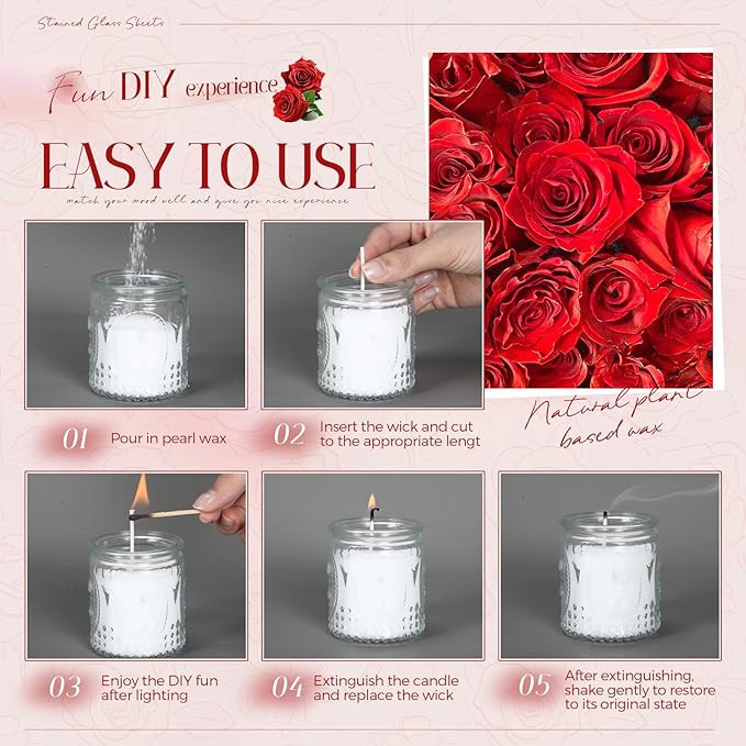 MTLEE Pearled Candle 2.2 lb Sand Wax Scented Sand Candle Kit with Gift Box 50 Wicks Refillable Jar White Beaded Wax Gift Set for Friends Mother Lover Women Family(Rose)