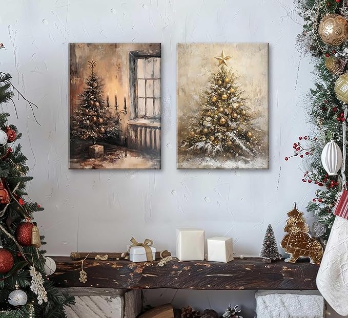 Paint by Number Kit with Inner Frame, 2 Pack 16x20 Inch Christmas Scenes - Vintage Tree & Golden Snowy Tree, DIY Acrylic Painting Sets for Adults Kids Gift