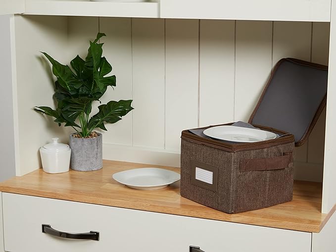 Covermates Dish Storage Box – China & Dinner Plate Storage Container with Dual Zippers, Reinforced Handles, ID Window & Stackable Structured Walls for Dishware Organization, Brown Heather