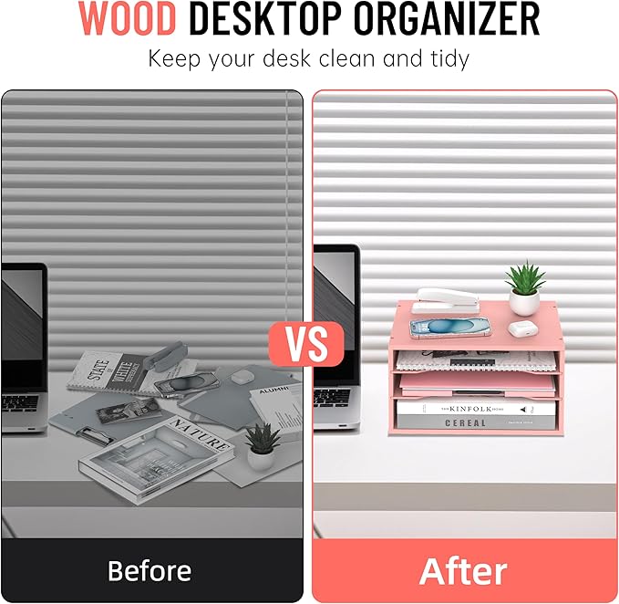 Wood Desk Organizer, 3 Tier Paper Tray Organizer for Desk with Adjustable Storage Shelves, Desktop File Organization Paper Sorter Mail Holder for Office Home Classroom, Pink