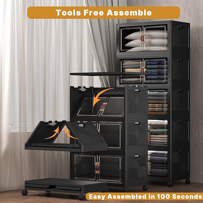 Extra Large Stackable Storage Bins with Lids & Wheels, Foldable Collapsible Closet Organizers Dark Storage Cabinet with Doors for Bedroom Dorm