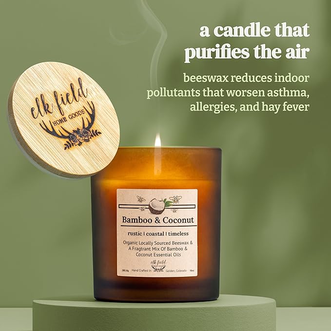 Bamboo Coconut Organic Beeswax Candle | 2 Ingredients | 100% Pure Beeswax Candles, Non Toxic, Natural, Organic Candles, Beeswax Candles Scented, Non Toxic Candles, 80 Hour, 14oz