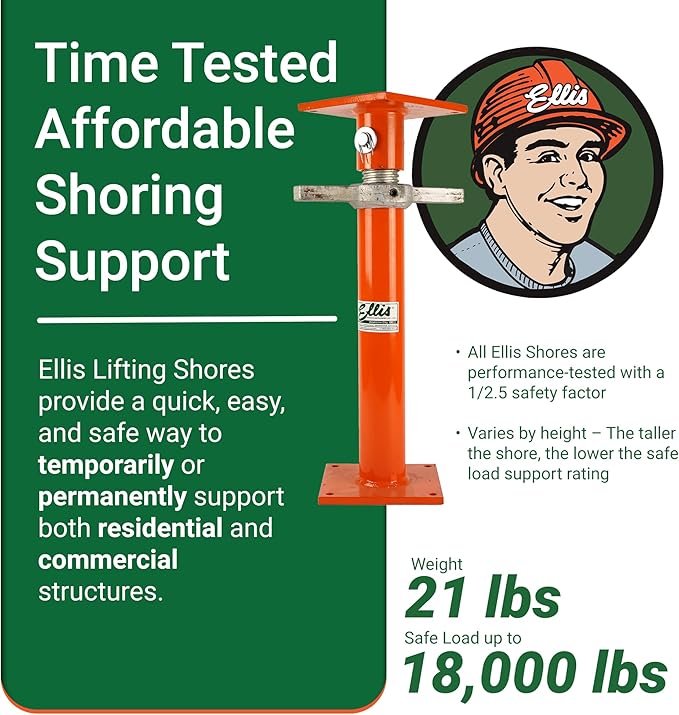 Ellis Manufacturing Light-Duty Steel Construction Jack - Adjustable Screw Jack Post for Floor Leveling, Beams, and Concrete - 18,000 lb Load Capacity - 19"-27" Adjustment, House Jacks for Leveling