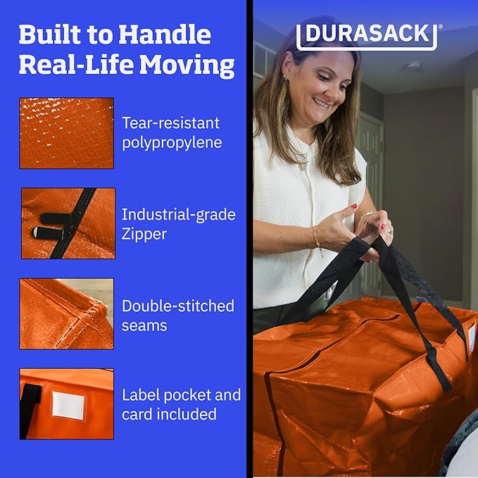 DURASACK Heavy Duty Moving Bag Storage Container Duffle Bag with Zipper, Reinforced Carry Straps and Backpack Straps, Made of Rugged Woven Polypropylene, Pack of 4, Orange