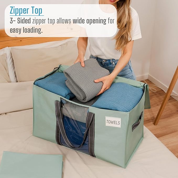 VENO 8 Pack Moving Bags with Clear Window, Heavy Duty Storage Bins with Lid, Around Handles, Tag, Zippers, Extra Large Totes Packing Moving Boxes Supplies for College Dorm Clothes (Light Green)