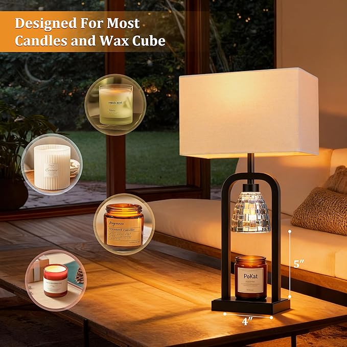 PoKat Lamp Candle Warmer Black, Farmhouse Candle Warmer Lamp with Timer Dimmer, Wax Light Warming Table Lamp for Jar Candles, Bedside Lamp for House Warming Home Decor Living Room, Bulb Included