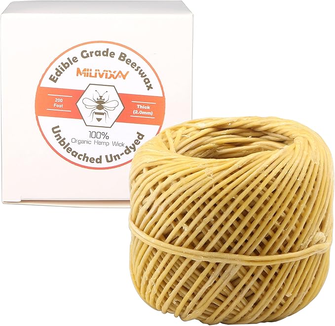MILIVIXAY Thick Hemp Wick with Natural Beeswax Coating, Edible Grade Beeswax, 200 FT Spool, Thick Size (2.0mm),Unbleached, Un-dyed and 100% Organic, Perfect Alternative to Butane Lighters and Matches.