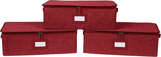 Covermates Keepsakes Zip-Top Storage Box Set, 3 Pack Heavy Duty Polyester Organizer Bins, Stackable Design, ID Window, Reinforced Handles, Closet Home Storage, Red Heather
