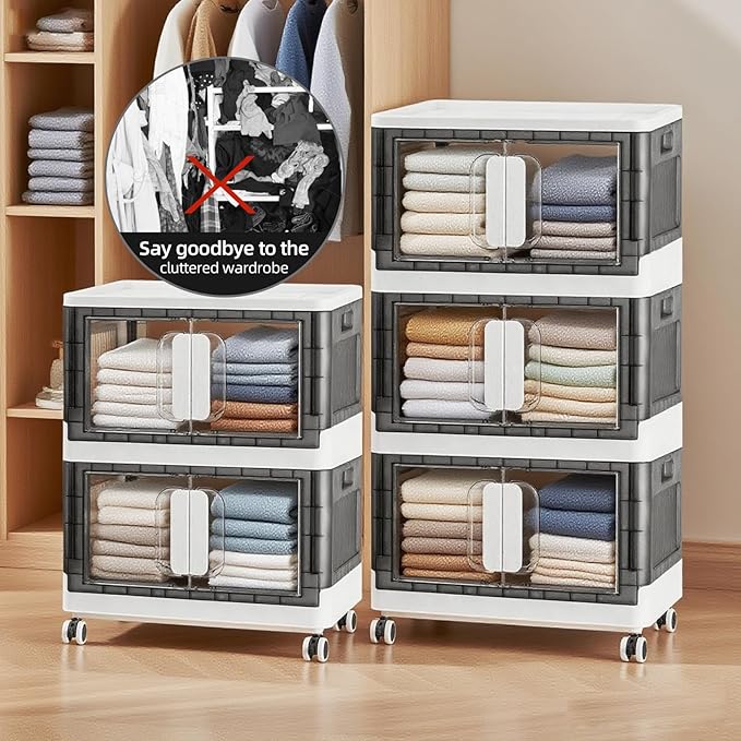 Folding Storage Organizer with Silent casters | Stackable Design for Home & Office, Heavy-Duty Plastic Storage Bin with Clear Door, 3 Sizes (19.5/23.5/27.5in),Black/White (23.6" 4 layer, White)