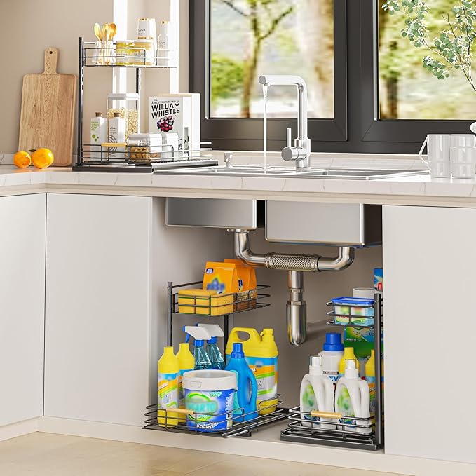 Delamu Under Sink Organizer, Height Adjustable Under Sink Organizers and Storage, Slide Out Under Sink Storage Shelf for Kitchen Bathroom Pantry Cabinet