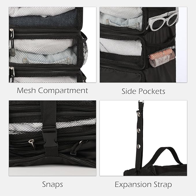 TABITORA Travel Luggage Organizer Hanging Packing Cubes Portable Hanging Shelves Carry on Closet for Suitcase with 2 Hooks,Collapsible(Black,M)