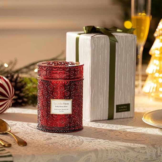LA JOLIE MUSE Ruby Berry Bliss Scented Candle | Mandarin, Cranberry & Plum | 19 oz Natural Soy Candle | Wooden Wick | 90-Hour Clean Burn | Cozy Home Decor
