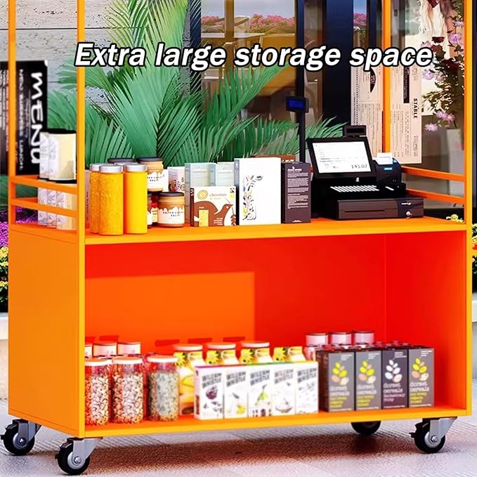 JKGHK Vending Iron Cart with Canopy, 4-Wheel Portable Mobile Dining Market Stall, Outdoor Dining Carts Market Stall, for Street Food, Handicrafts, Snacks(Red white,100cm/39.3in)